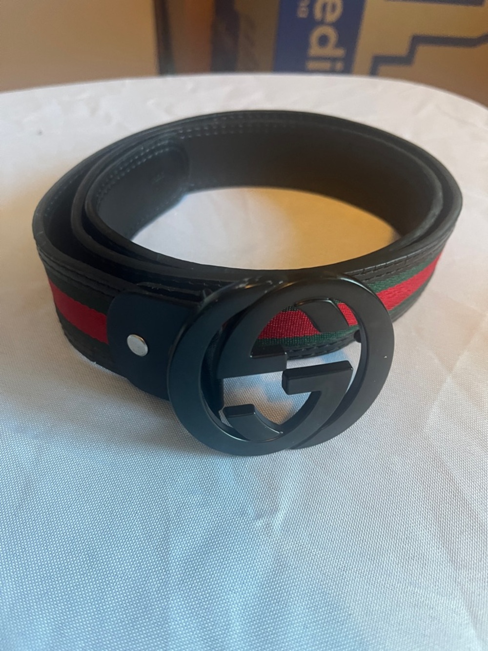 Gucci Black Leather Belt with Red and Green Web and Black GG Buckle
